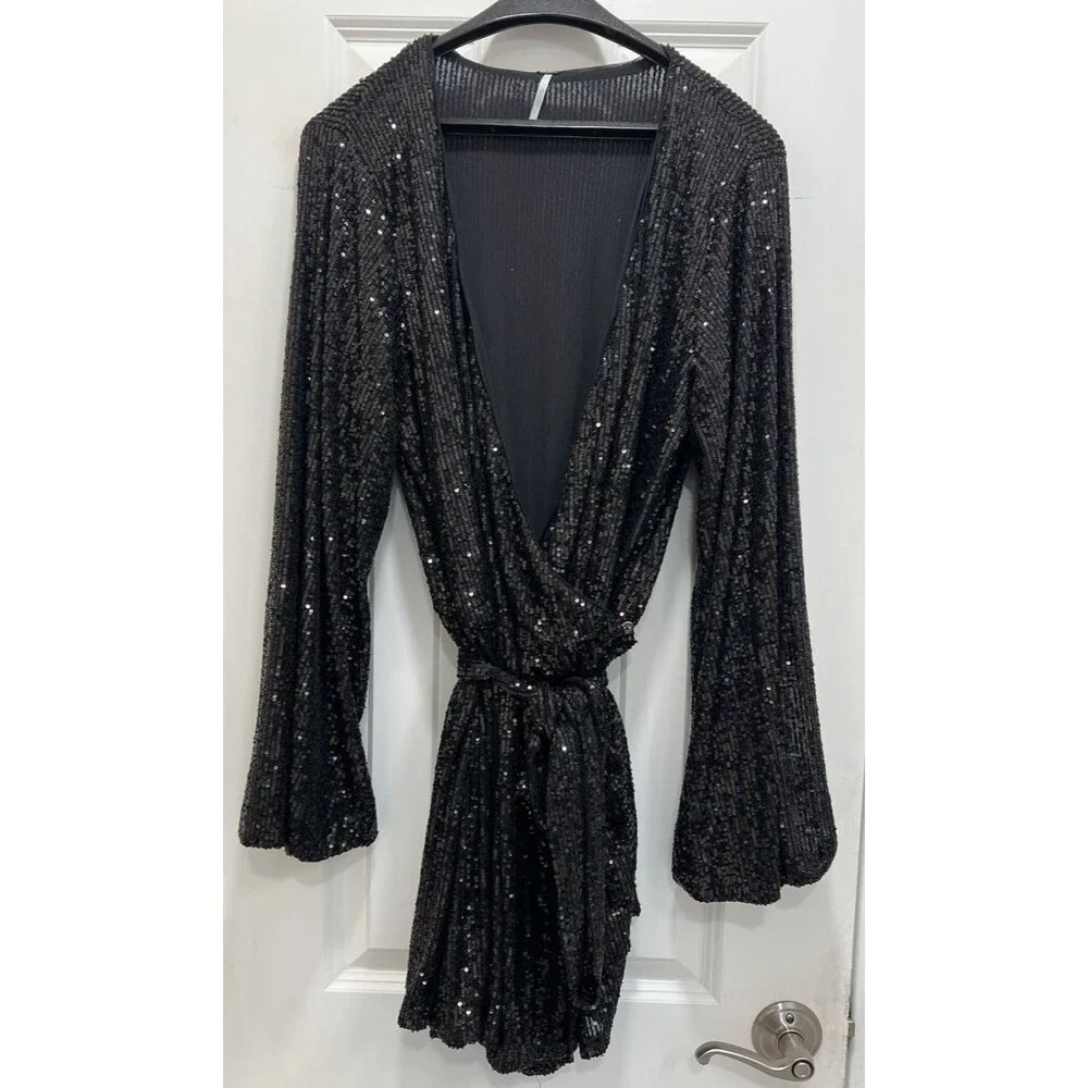 Free People Christa Sequin Long Sleeve Wrap Romper Black Size Lg Party Holiday